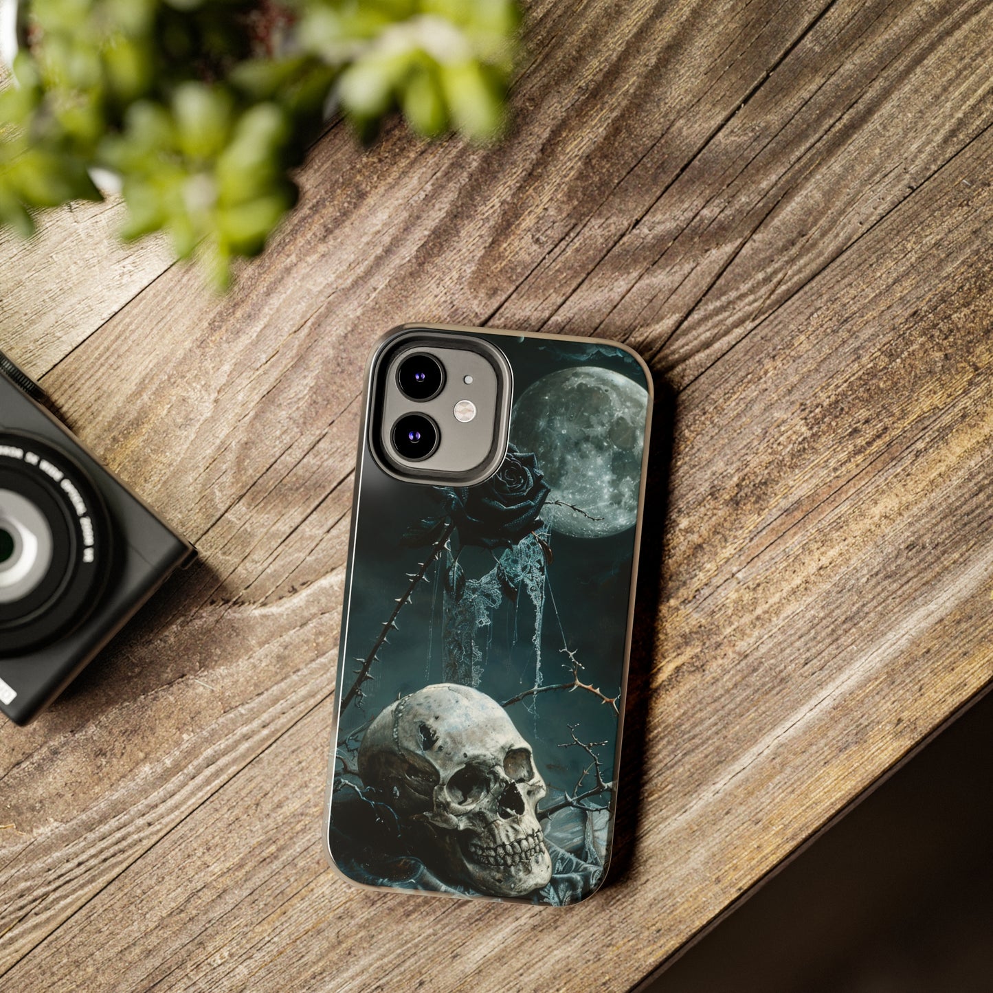 Gothic Skull and Black Rose Phone Case for iPhone - Lightweight, Impact Resistant, Wireless Charging Compatible