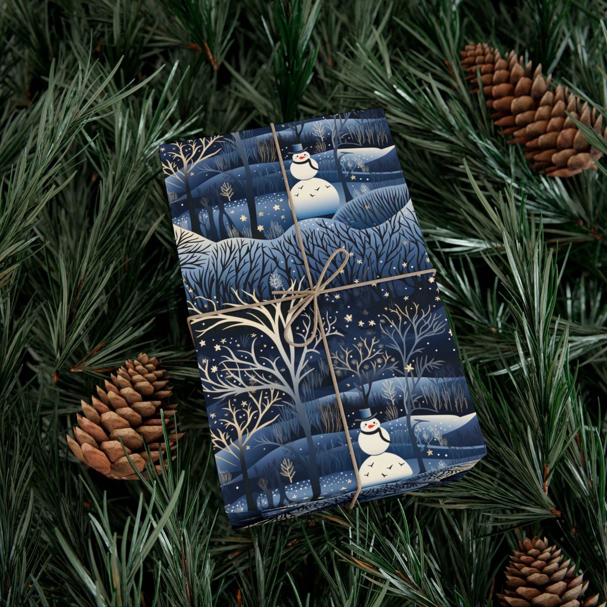 Satin Blue Snowman Wrapping Paper | Holiday wrapping paper | Snowman Gift Wrap