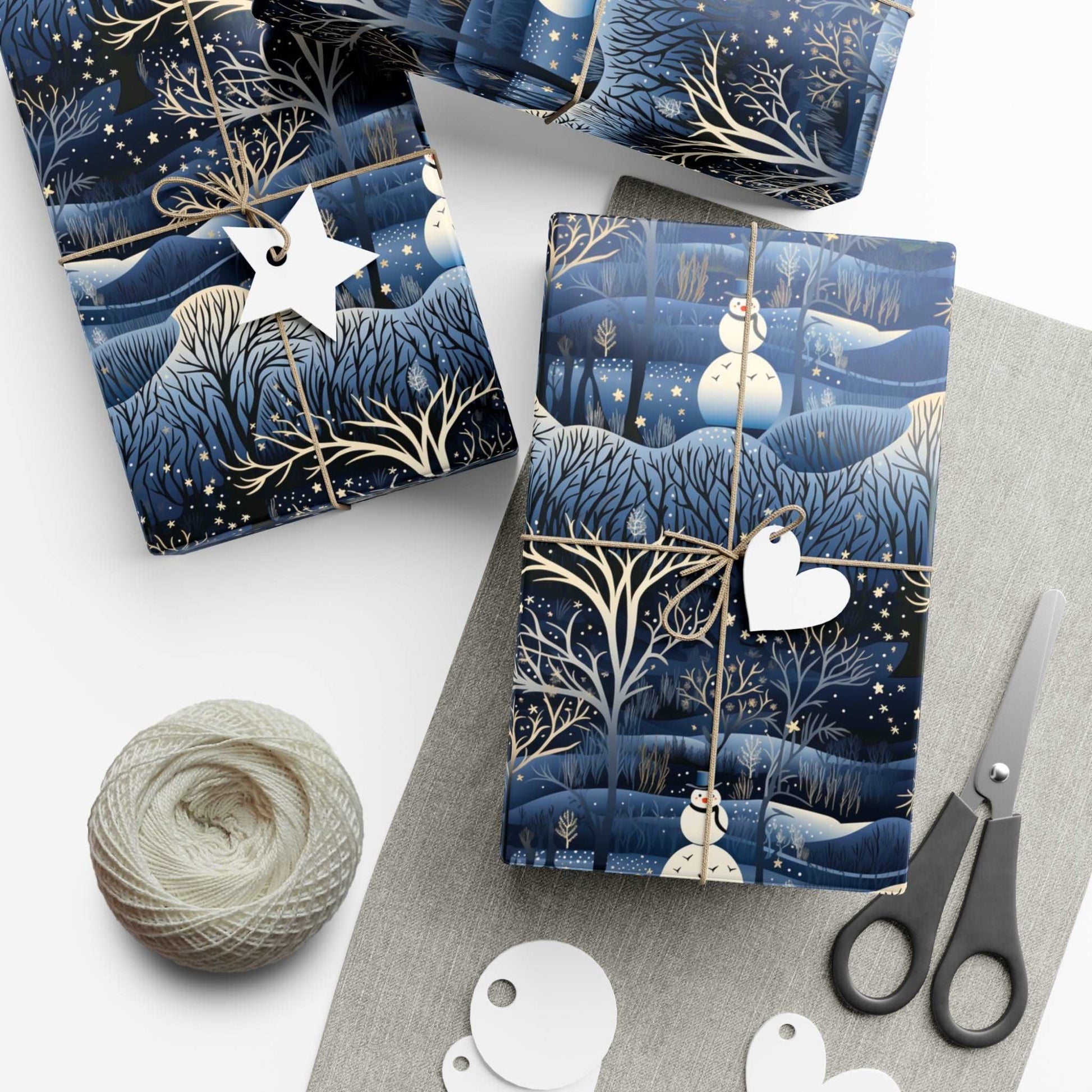 Satin Blue Snowman Wrapping Paper | Holiday wrapping paper | Snowman Gift Wrap