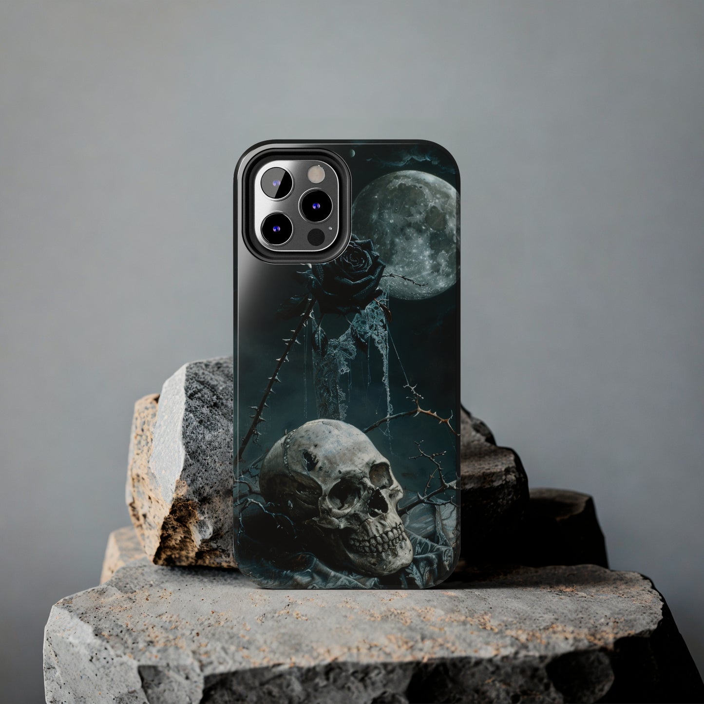 Gothic Skull and Black Rose Phone Case for iPhone - Lightweight, Impact Resistant, Wireless Charging Compatible