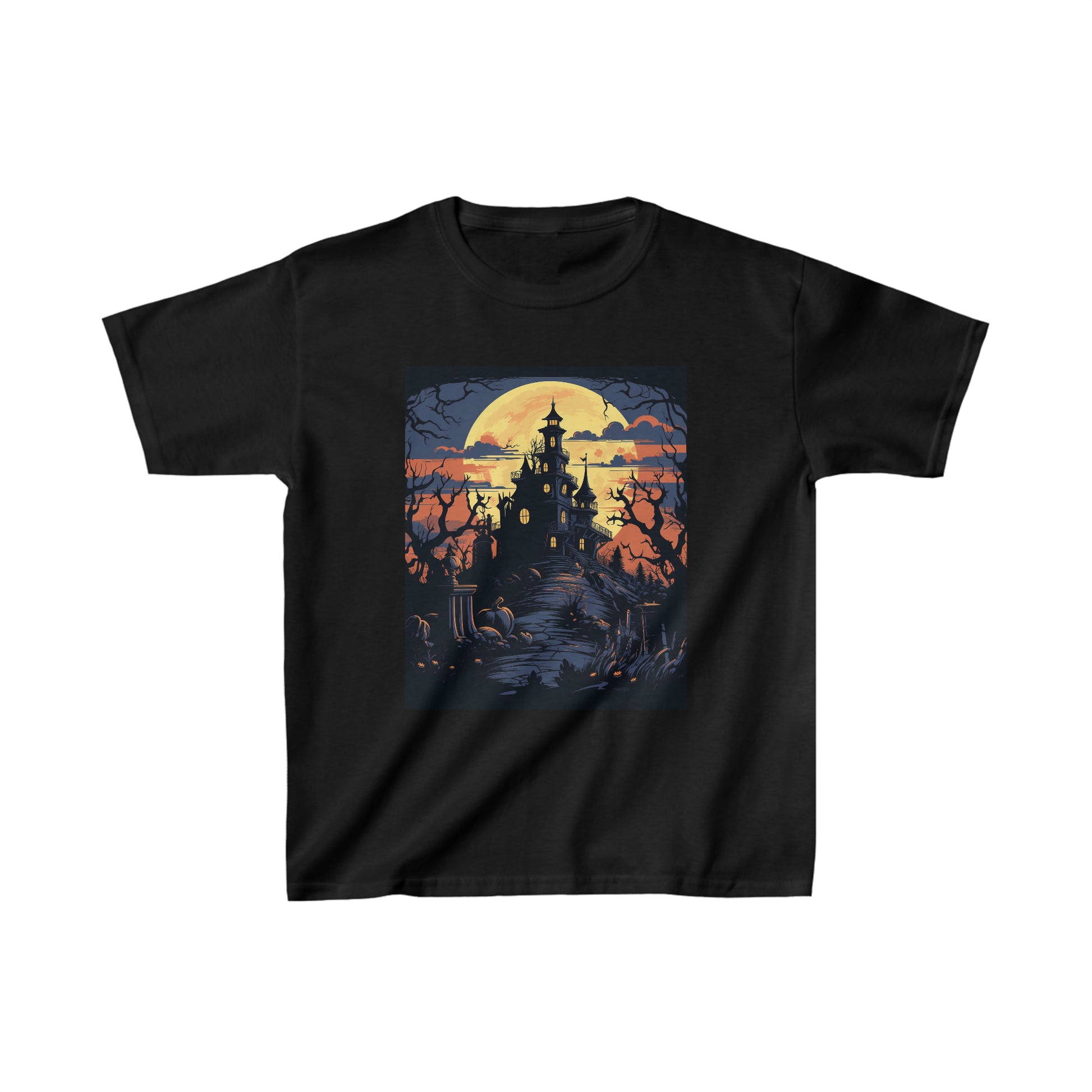 Kid's Cotton Halloween Haunted Mansion Silhouette T-shirt