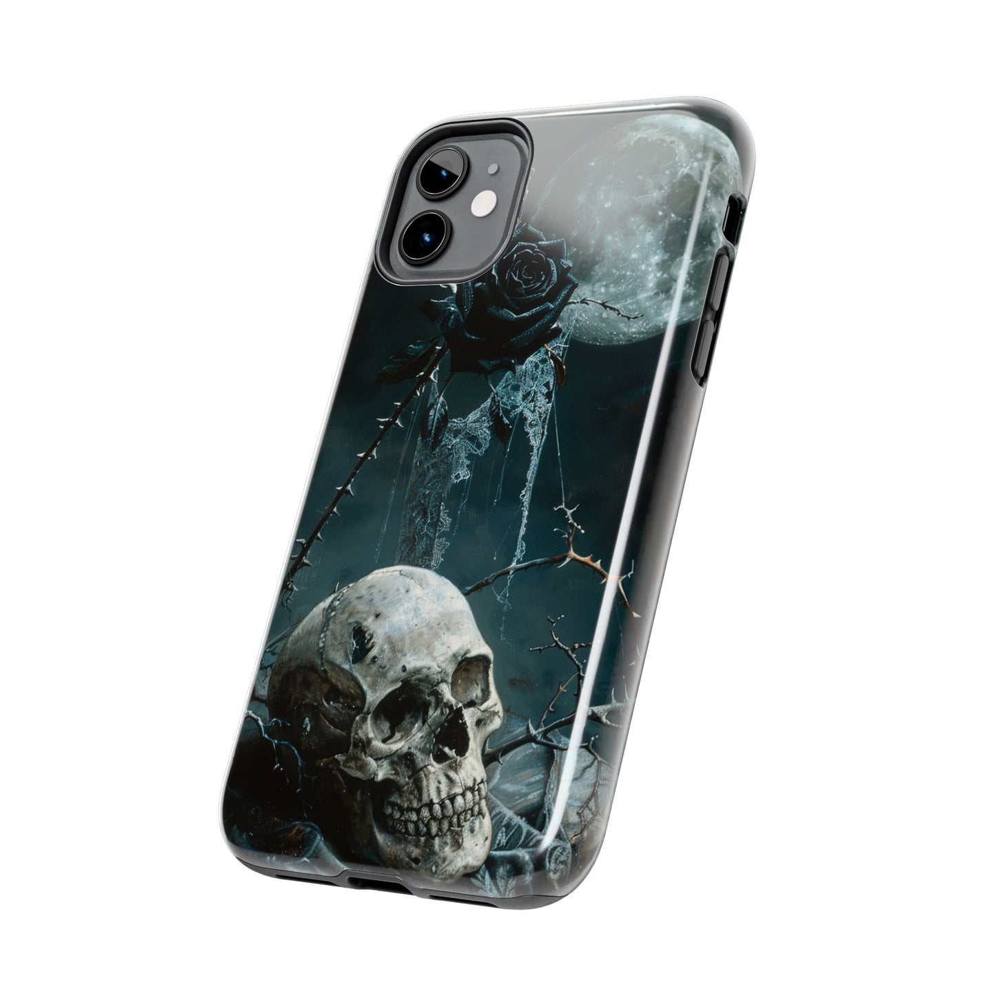 Gothic Skull and Black Rose Phone Case for iPhone - Lightweight, Impact Resistant, Wireless Charging Compatible