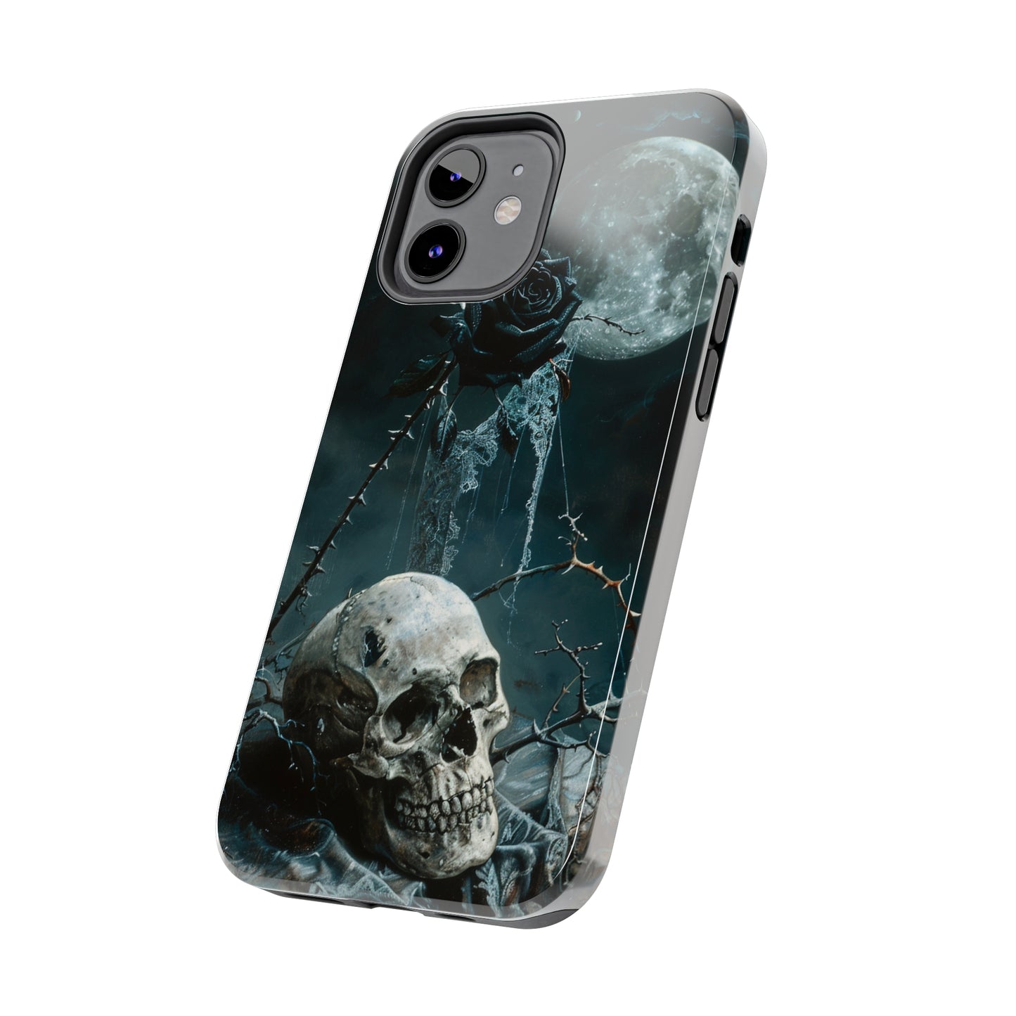 Gothic Skull and Black Rose Phone Case for iPhone - Lightweight, Impact Resistant, Wireless Charging Compatible