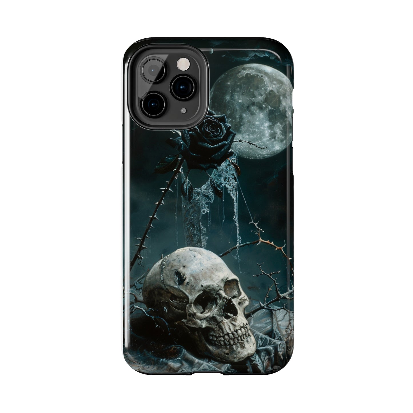 Gothic Skull and Black Rose Phone Case for iPhone - Lightweight, Impact Resistant, Wireless Charging Compatible