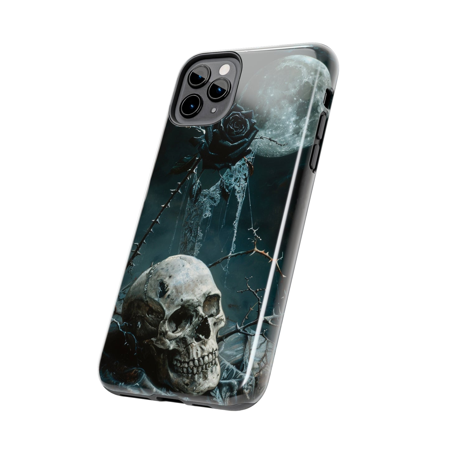 Gothic Skull and Black Rose Phone Case for iPhone - Lightweight, Impact Resistant, Wireless Charging Compatible