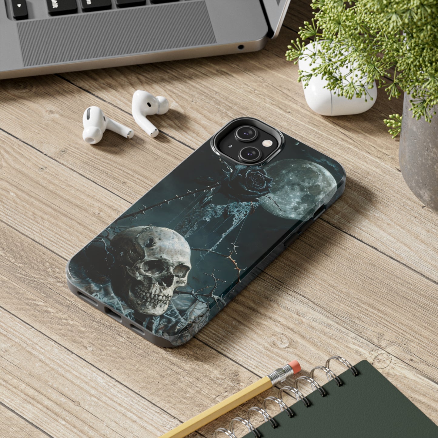 Gothic Skull and Black Rose Phone Case for iPhone - Lightweight, Impact Resistant, Wireless Charging Compatible