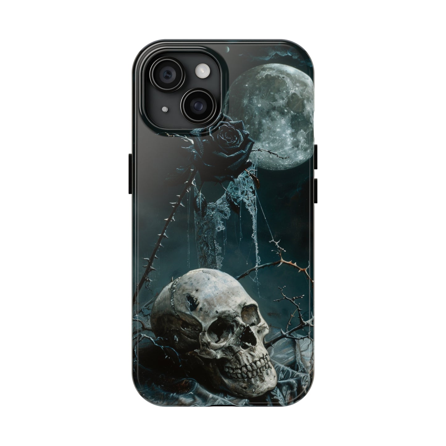 Gothic Skull and Black Rose Phone Case for iPhone - Lightweight, Impact Resistant, Wireless Charging Compatible