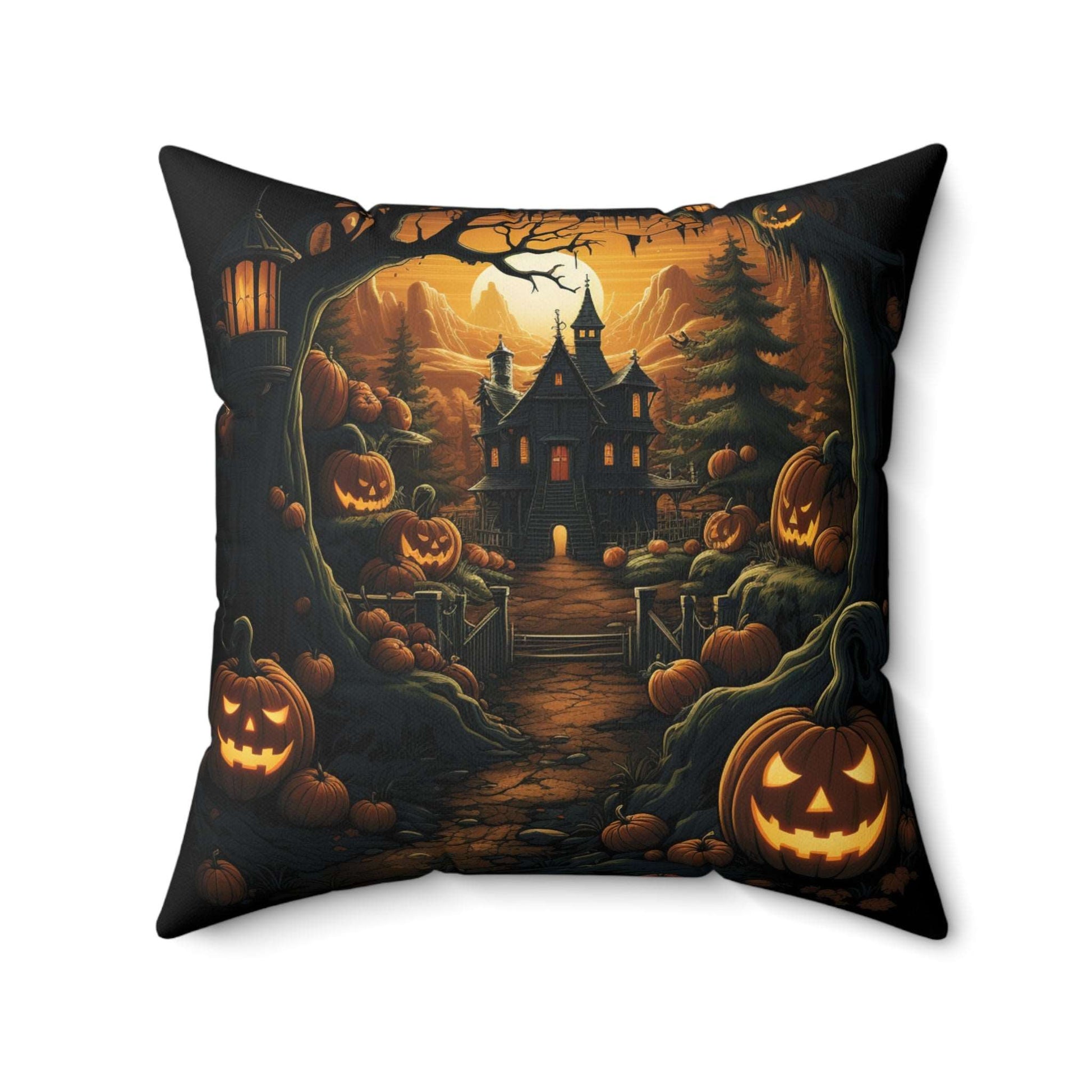 Double sided Halloween Throw Pillow - Spooky Mansion - Pumpkin King Throw Pillow