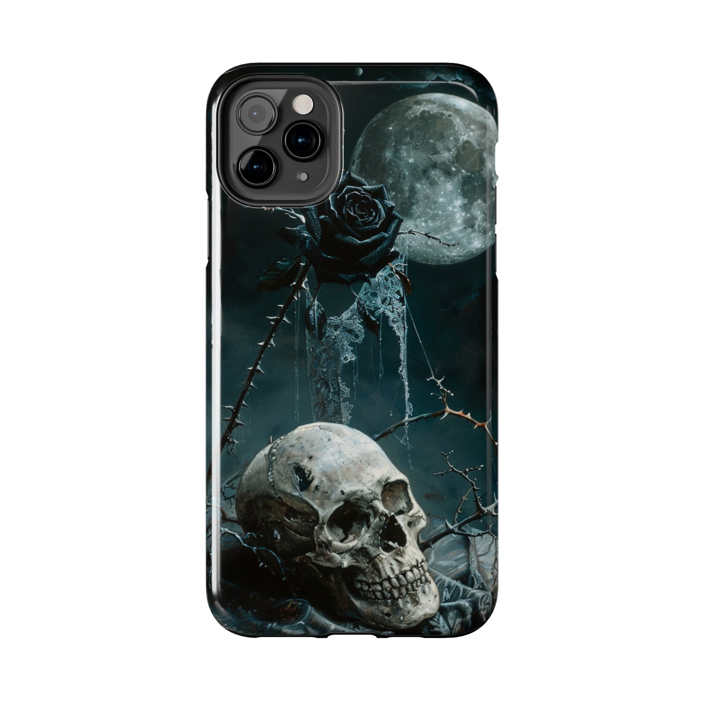 Gothic Skull and Black Rose Phone Case for iPhone - Lightweight, Impact Resistant, Wireless Charging Compatible