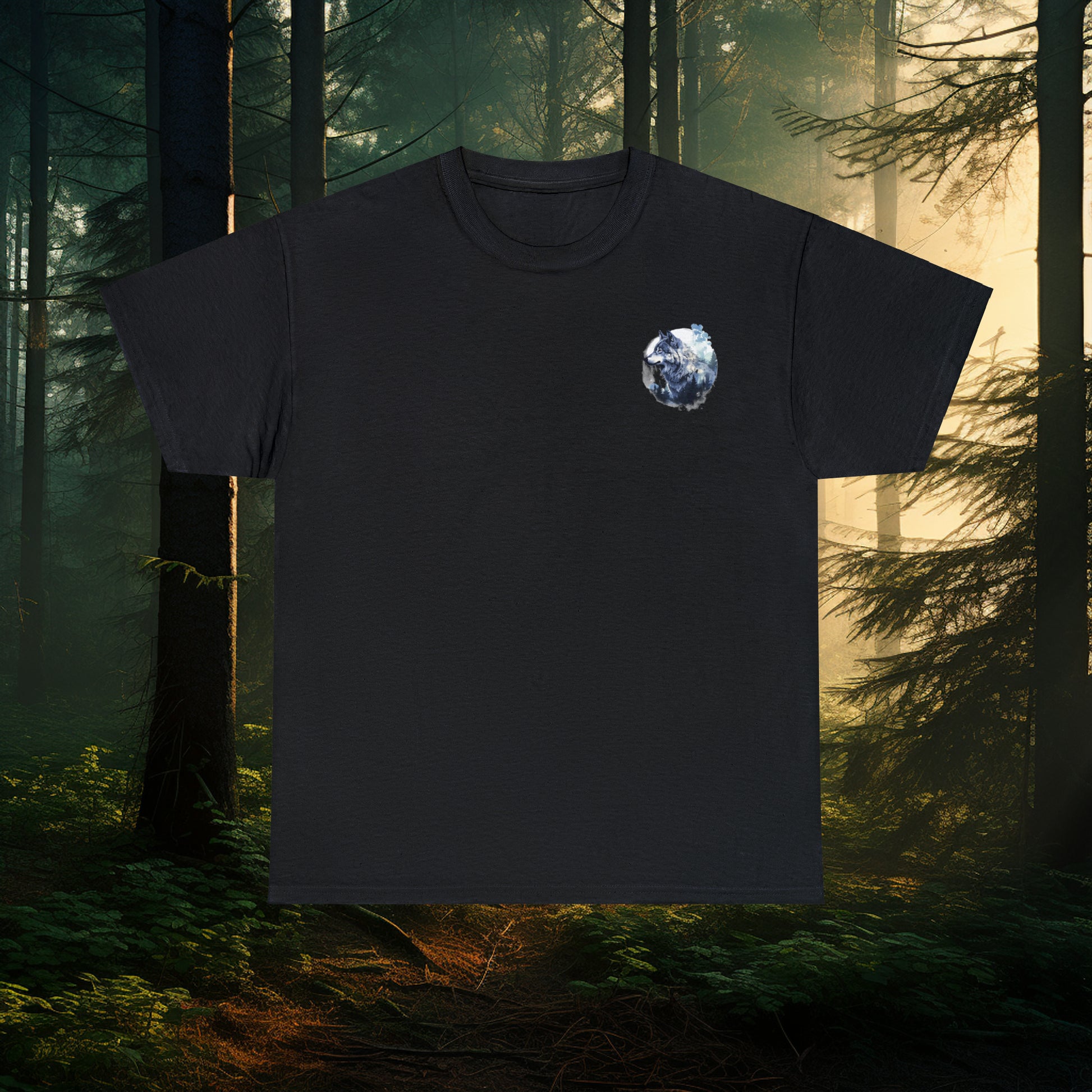 Unisex Cotton Tee with Dual Wolf Imagery: Chest Logo & Watercolor Full Moon with Wolf design on Back!!! Nice Wolf Shirt!!!